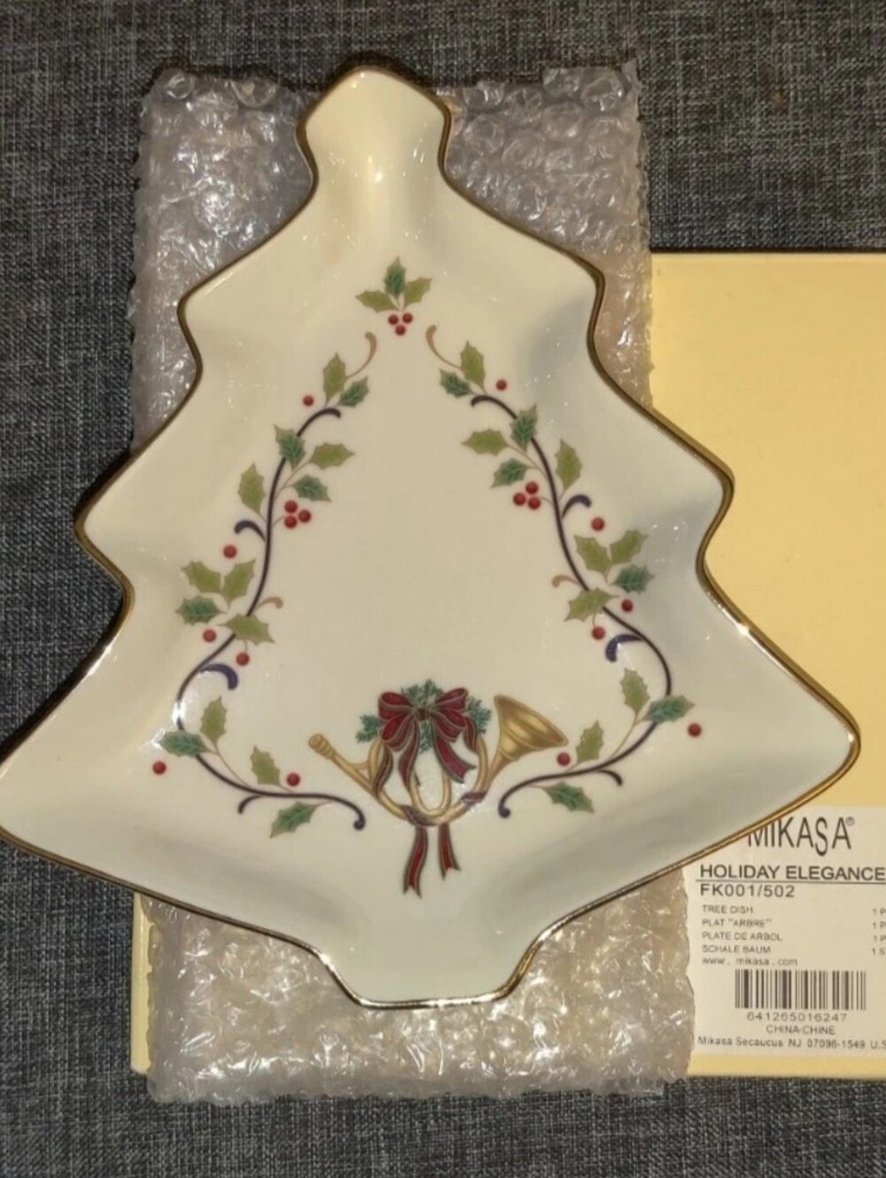 Mikasa Fine Porcelain Holiday Elegance Christmas Tree Candy Dish Gold Rim NIB
